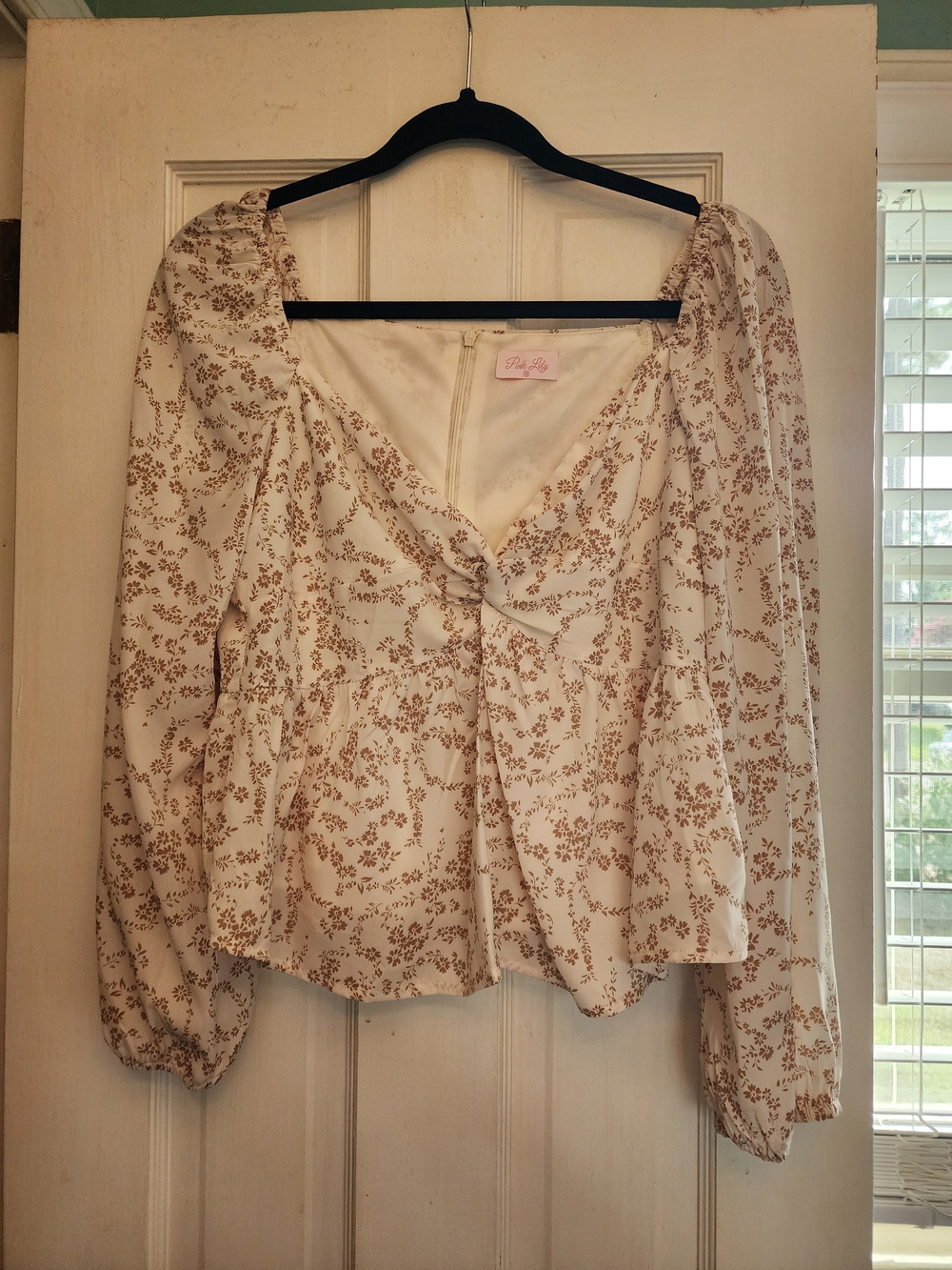 Pink Lily Ivory and Light Brown Floral V-Neck Blouse